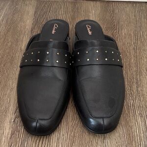 Clarks Black Slip-On Loafers with Gold Studs